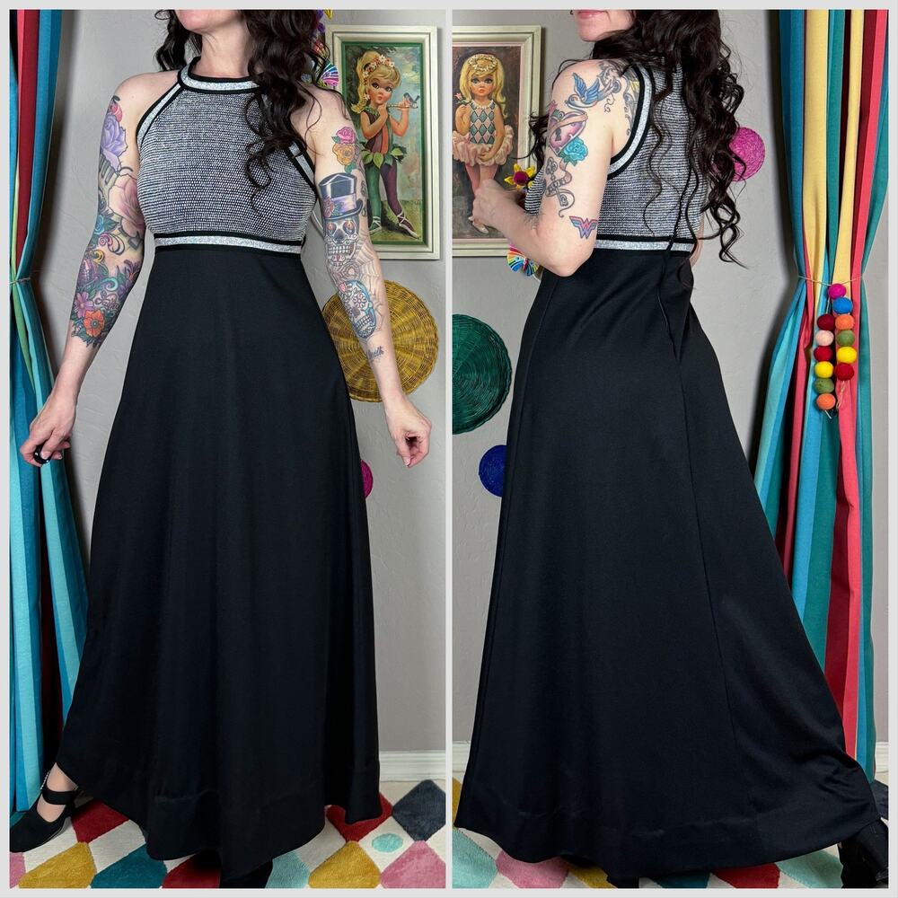 Vintage 1970s Black and Silver Halter Maxi Dress - Picture 4 of 7